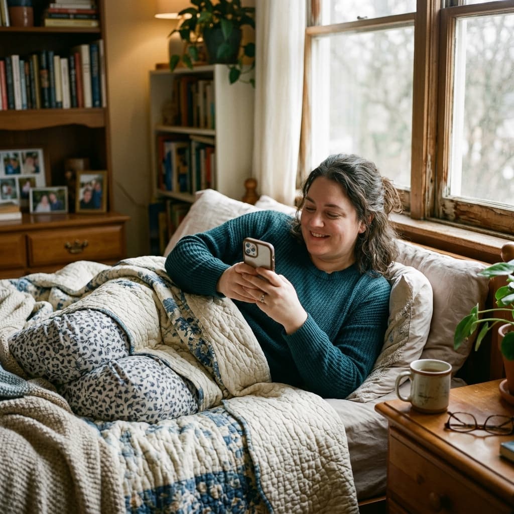 Plus-size woman smiling while using KindNudge on her phone in a cozy home